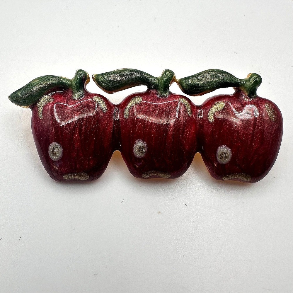 Vintage Y2K Tanya Creations‎ Gold Tone Enamel Red Trio Apple Brooch Pin Jewelry